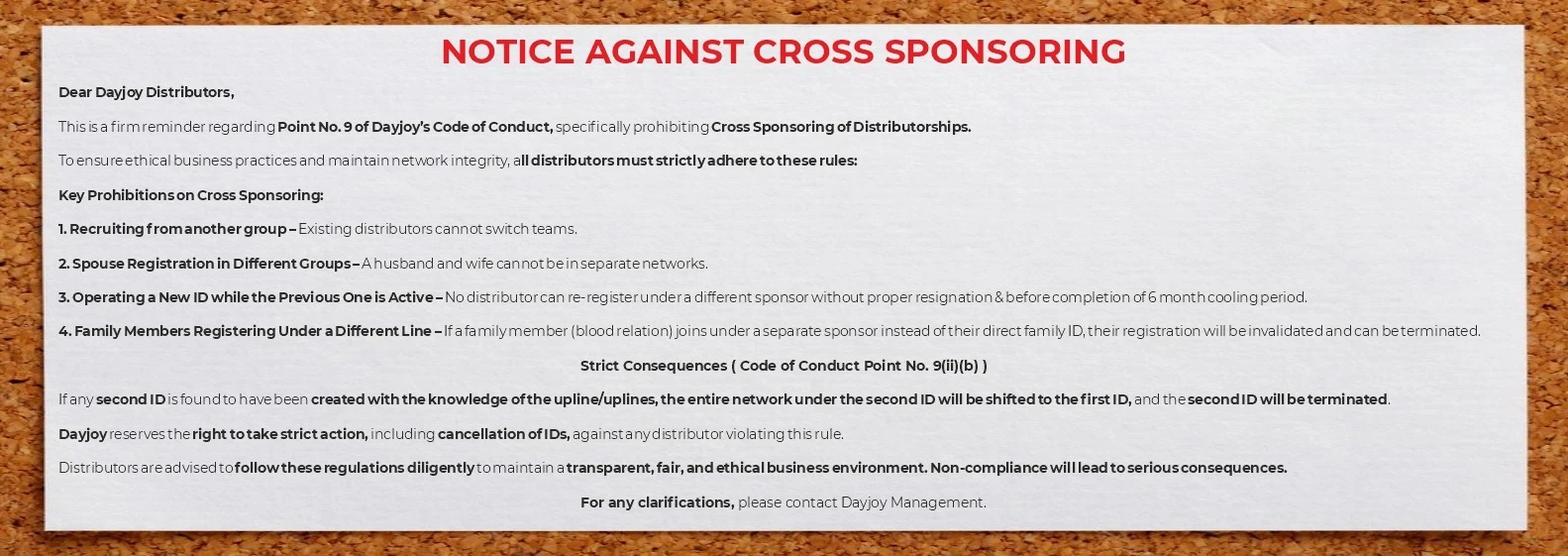 Notice Against Cross Sponsoring